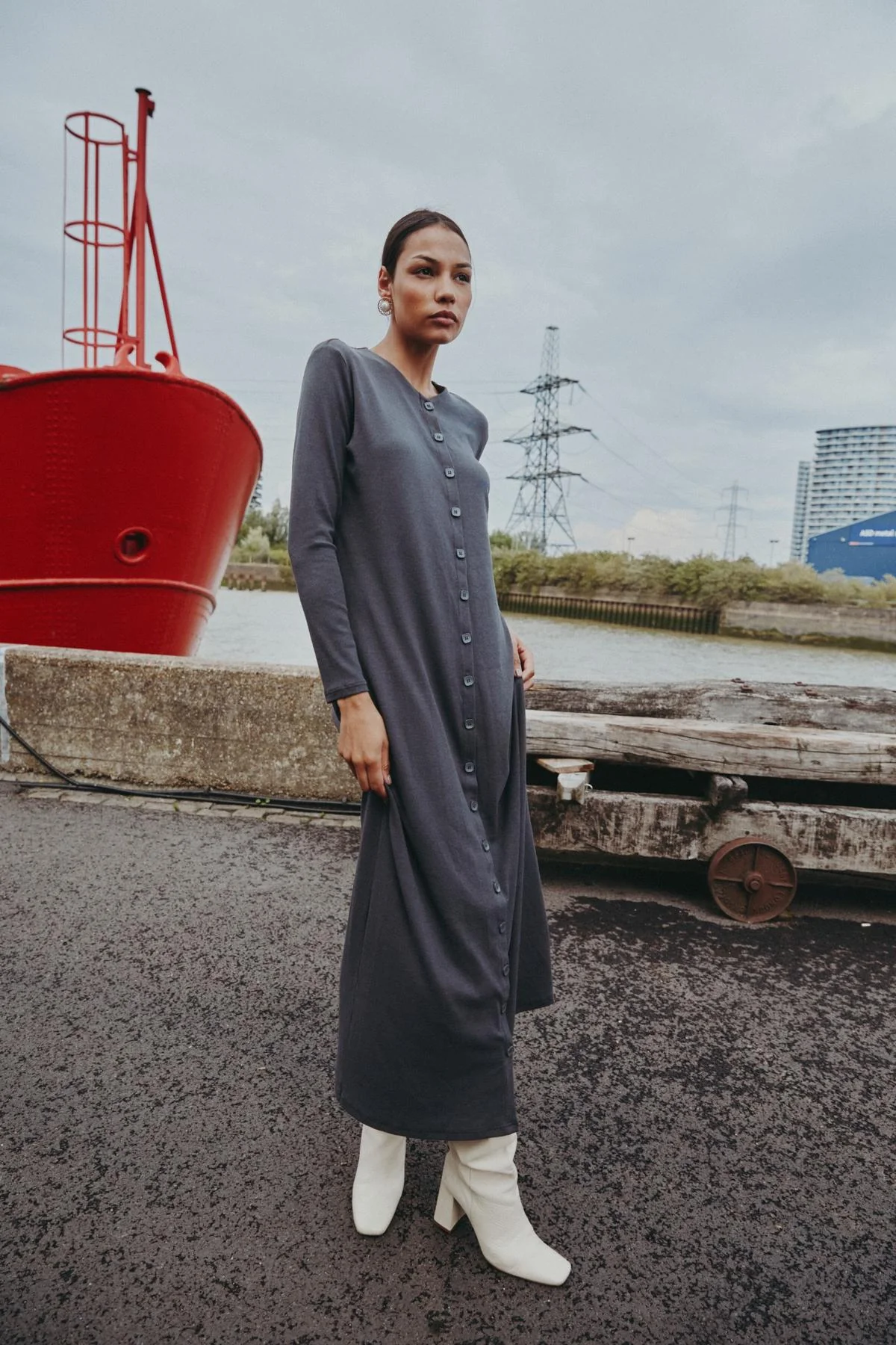 Ribbed Button Maxi Charcoal - Image 2